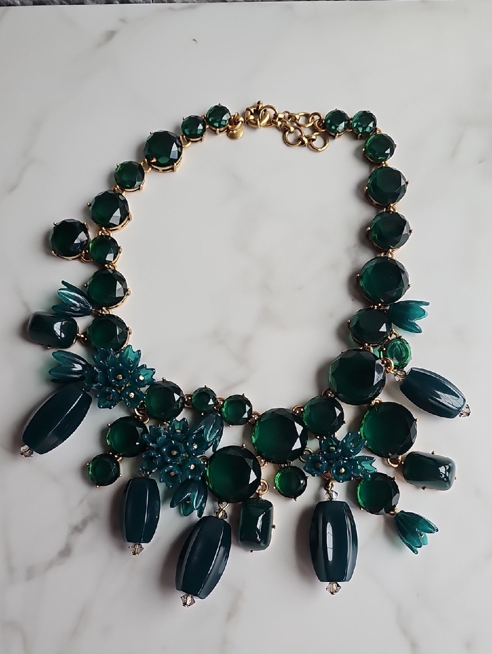 J. Crew Deep Emerald Green Floral Bib Necklace - Gold Tone